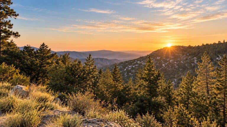 Mountain and pine forest overlook in Idyllwild, California at sunset