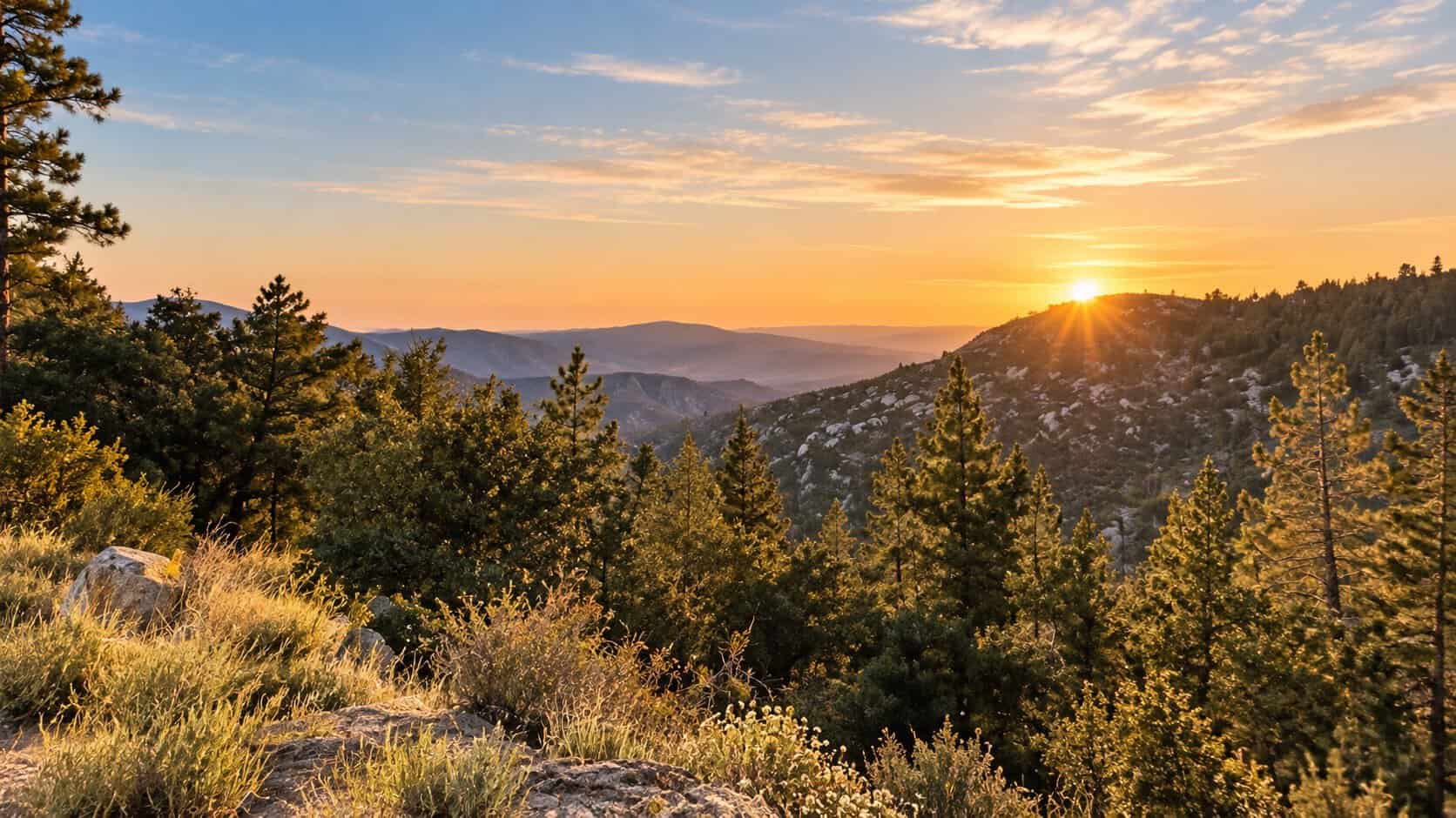 Mountain and pine forest overlook in Idyllwild, California at sunset