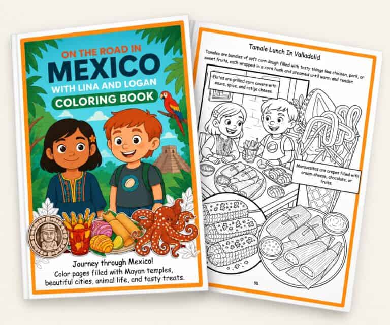 On the Road in Mexico coloring book cover with a black-and-white coloring page featuring Lina and Logan enjoying Mexican foods.