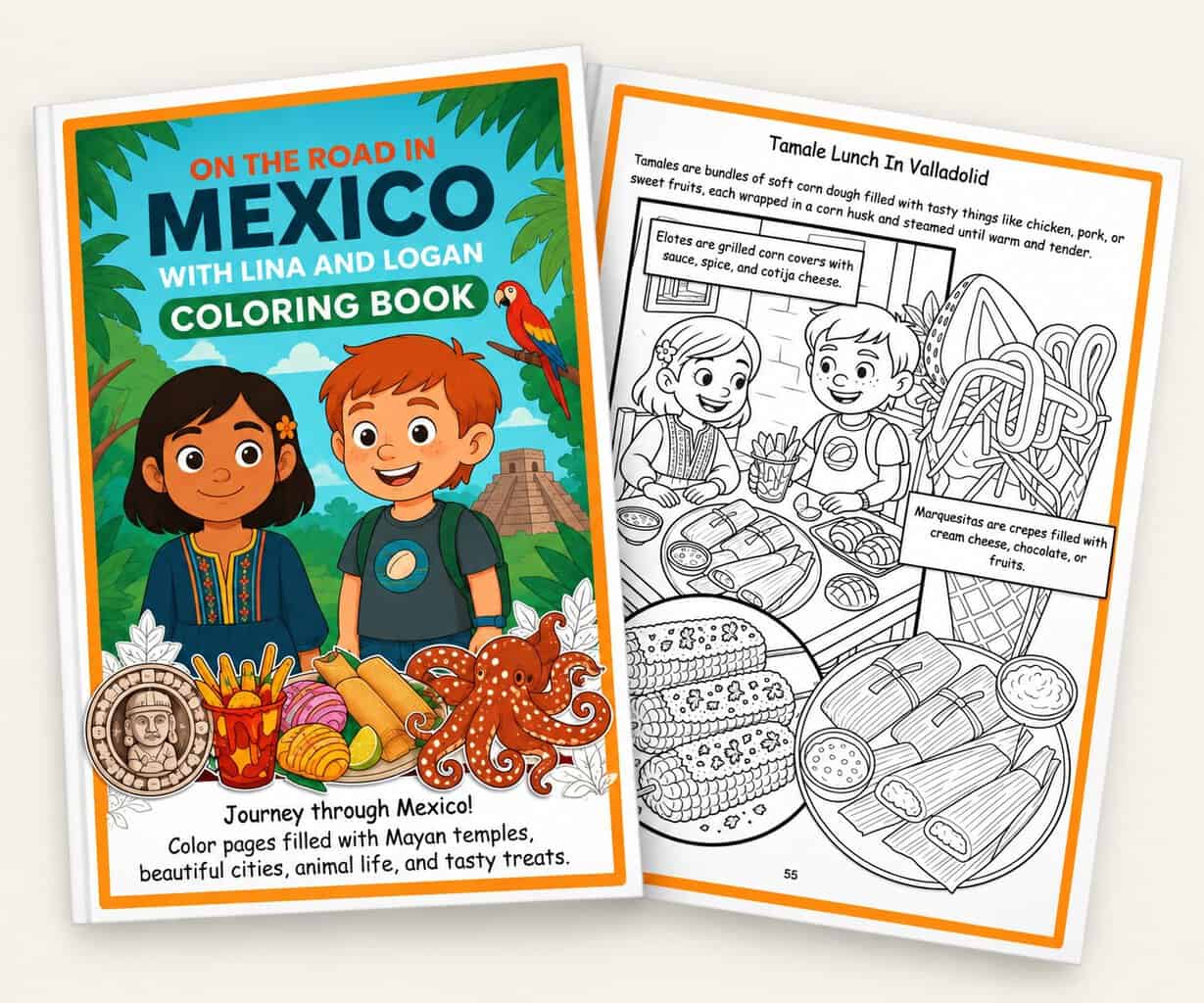 On the Road in Mexico coloring book cover with a black-and-white coloring page featuring Lina and Logan enjoying Mexican foods.