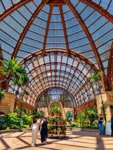 Interior of the restored Balboa Park Botanical Building, featuring its arched redwood lattice roof and lush tropical plant displays.