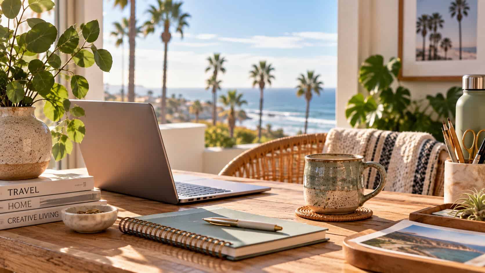 Sunlit creative workspace with laptop, notebook and handmade pottery mug overlooking a California-inspired coast