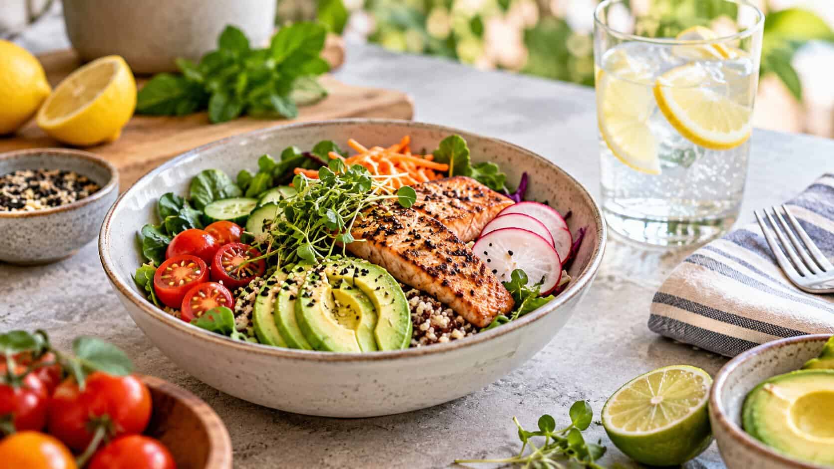 Fresh salmon grain bowl with avocado, vegetables and greens served with lemon water