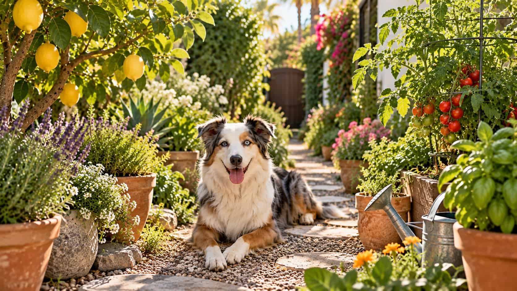 Dog relaxing in a sunny garden with a lemon tree, tomato plant, herbs and flowers