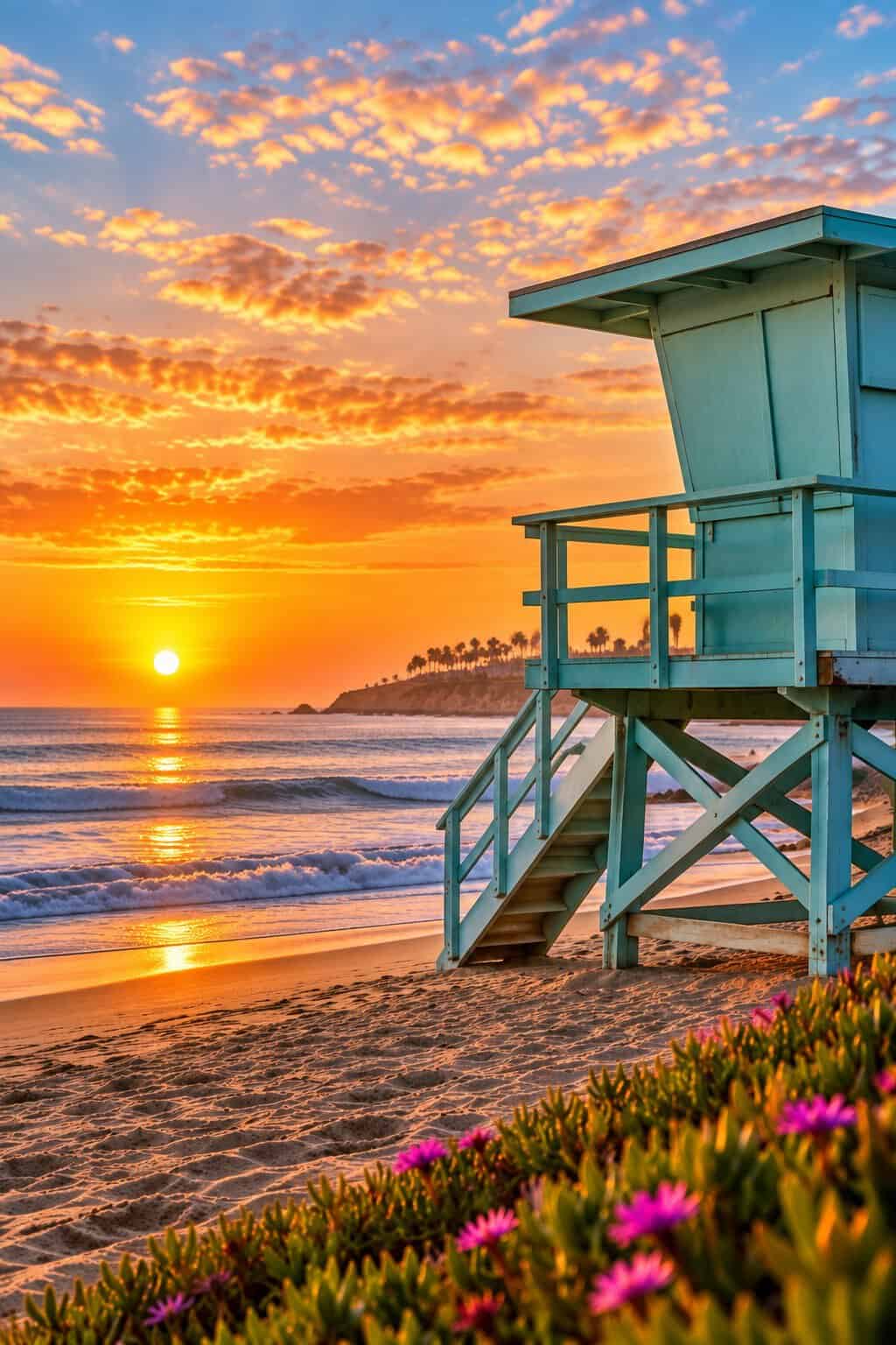 Lifeguard tower overlooking a California-inspired beach at sunset