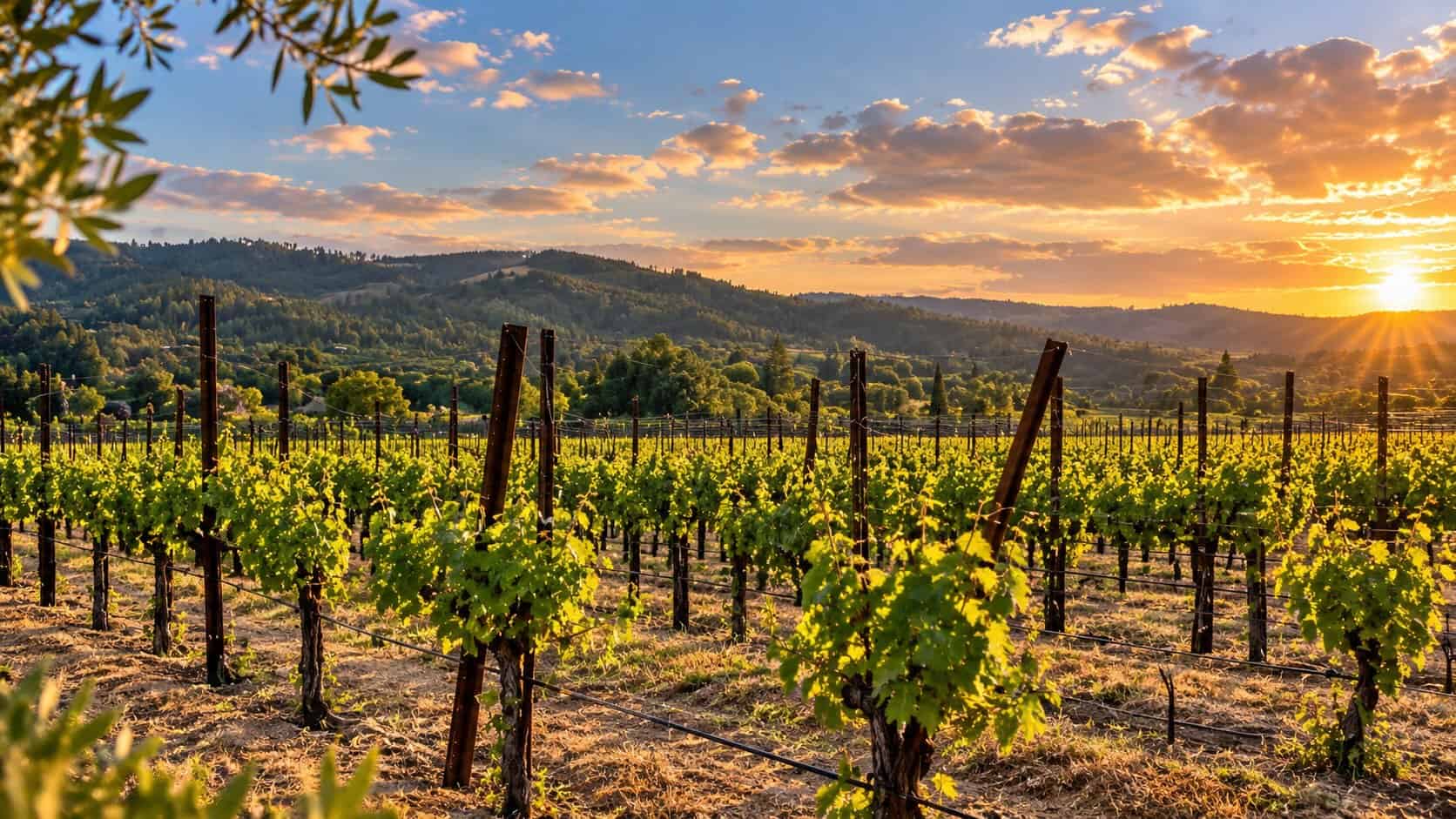 Sunlit vineyard with rows of grapevines and rolling California-inspired hills
